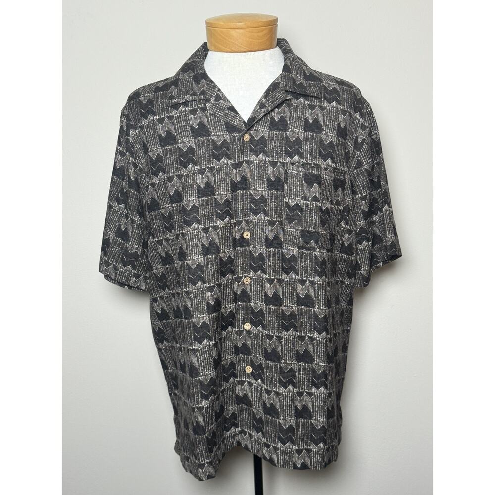 BATIK BAY Vintage 100% Silk Black Brown Geometric Tribal Retro Camp Shirt Mens L